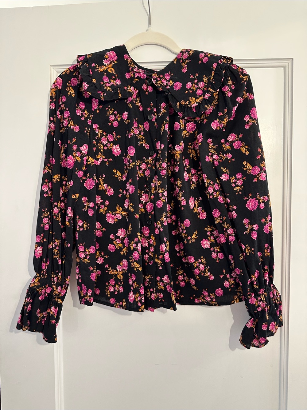 Who What Wear Black Blouse with Pink Rose Print